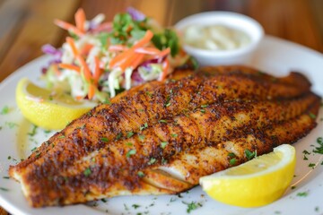 A serving of blackened catfish, garnished with lemon wedges and served with a side of coleslaw and cornbread. 