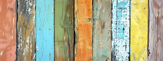 Rustic weathered wood planks in blue, yellow and orange colors, a vintage background for a summer or beach themed design. 
