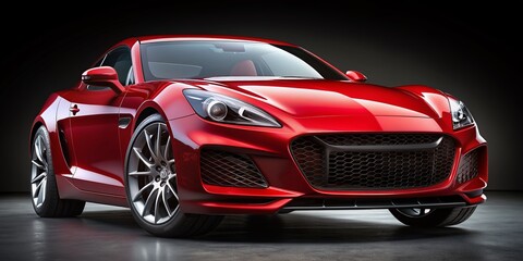 Sleek, scarlet, luxury vehicle showcasing sporty design, parked on a dark backdrop, highlighting shiny clean lines, detailed modern automotive features, and aggressive front view.