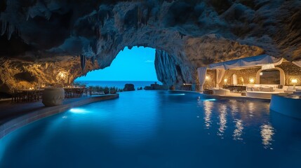 A stunning cave resort offers an ocean view with tranquil waters, illuminated by soft lights, creating a serene atmosphere for relaxation and enjoyment.