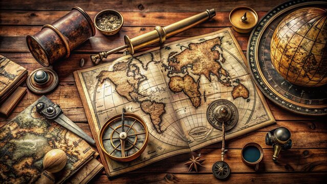 A vintage nautical chart unfolded on a worn wooden table surrounded by antique navigation instruments, globes, and ornate decorative elements.
