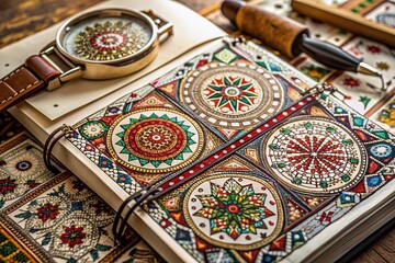 Obraz premium Intricately designed sketchbook pages display vibrant cultural motifs, traditional patterns, and ornate details, blending artistic flair with rich heritage to craft an exceptional timepiece.