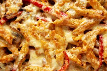 Homemade Fajita Pasta Bake in a Dish, top view. Flat lay, overhead, from above.