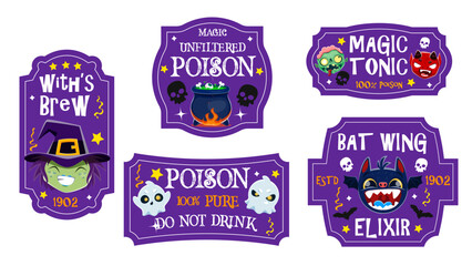 Halloween potion labels and witch elixir bottle tags for horror night holiday drinks, cartoon vector tags. Halloween and trick or treat party potion labels with spooky boo ghosts, devil and skulls