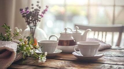 Fototapeta premium White teacups and teapot on a rustic wooden table with flowers, perfect for a cozy afternoon tea. 