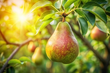 Ripe Pear Hanging On A Branch In Orchard.