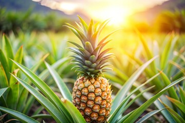 Fototapeta premium Pineapple Growing in a Field with a Golden Sunset.