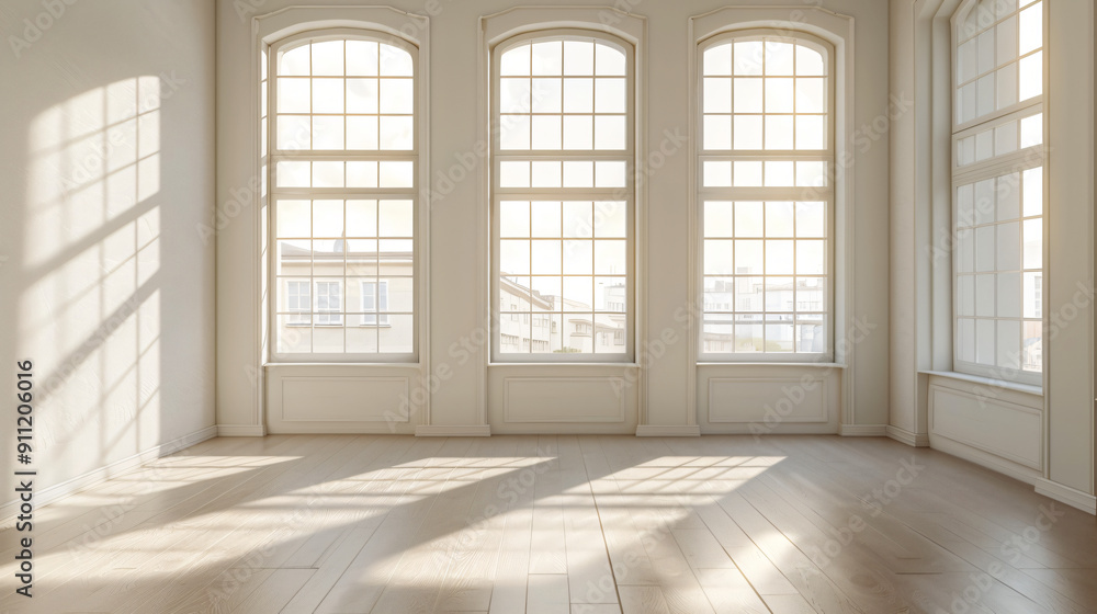 Poster Sunlight streaming through arched windows illuminating an empty room with wood floor