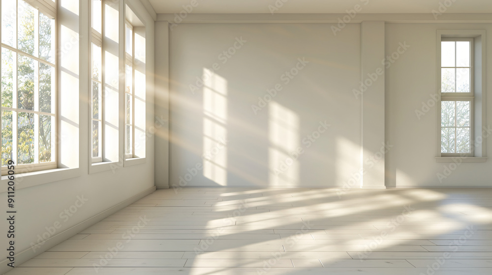 Poster sun shining through windows illuminating a spacious empty room with white walls and wood floor