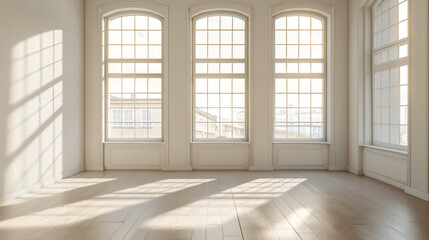 Sunlight streaming through arched windows illuminating an empty room with wood floor