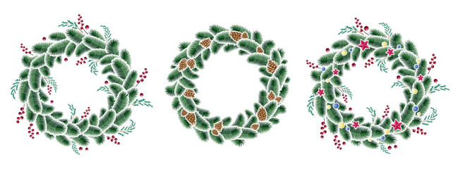 Merry Christmas and Happy New Year. Set of Christmas wreaths and garlands. Round frames with Christmas tree branches, cones and decorations. Design Element Merry Christmas and Happy New Year. Isolated