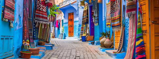 Fototapeta premium Vibrant Moroccan textiles hang in a blue and orange alleyway, capturing the essence of a bustling marketplace. 