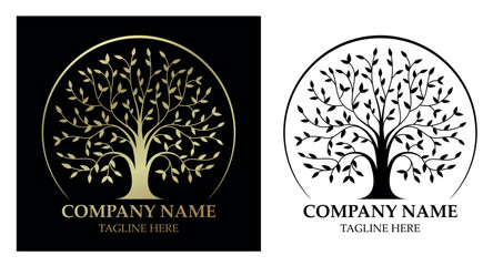 Tree logo. Tree of life symbol. Exquisite emblem gold and black silhouette. Sign of growth and prosperity. Concept environmental conservation, nature protection, ecology. Isolation. Vector
