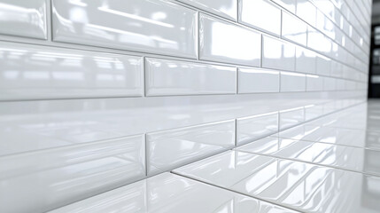 Obraz premium close-up of glossy, white tiles displayed in a showroom setting