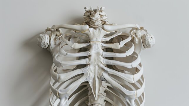 Detailed anatomical view of human body: skeleton model featuring spinal column and ribs