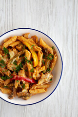 Homemade Fajita Pasta Bake on a Plate, top view. Flat lay, overhead, from above.