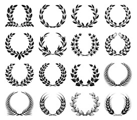 Wreaths icon set. Round laurel leaves, wheat, olive and oak wreaths. Logo of victory, achievement, award, coat of arms, heraldry. Isolated black silhouette on white background. Vector