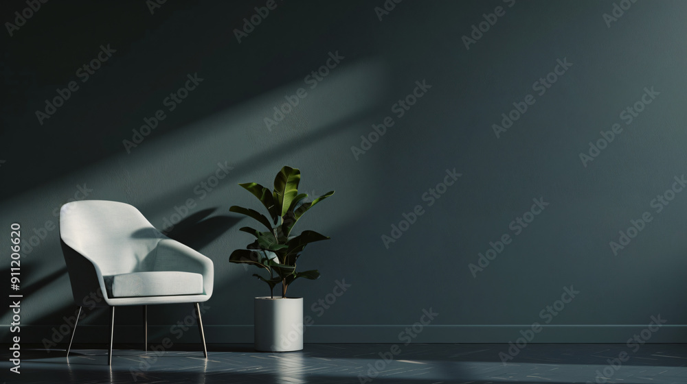 Poster sunlight shining through a window and casting shadows from a green plant and a modern armchair in a 