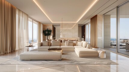 Modern luxury apartment with beige furniture and marble accents featuring spacious windows and natural light