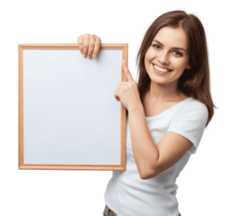 smiling woman white t-shirt holding a blank white board, mockup for text information