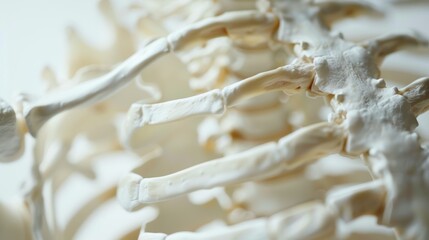 Detailed view of animal bone structure showing the vertebrae, ribs, and joints of the skeletal system