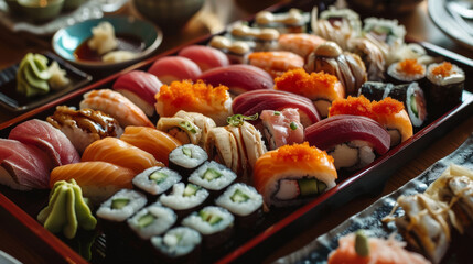 An exquisite assortment of nigiri sushi and maki rolls, featuring tuna, salmon, eel, and avocado, meticulously arranged on a traditional Japanese lacquerware platter
