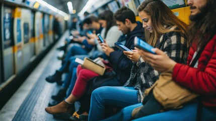Commuters are engaged with their smartphones while riding the subway, focusing on screens during their journey.