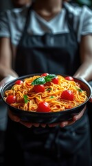 Modern food stylist decorating meals for presentation in restaurants. Closeup of food stylish. Restaurant serving. Close-up on the hand of a waiter carrying food
