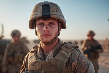 Fototapeta premium A young soldier with striking blue eyes stands confidently in a desert, wearing his military uniform and helmet, embodying strength and resolve.