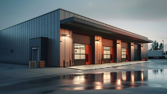 Exterior of a modern warehouse with a small office unit