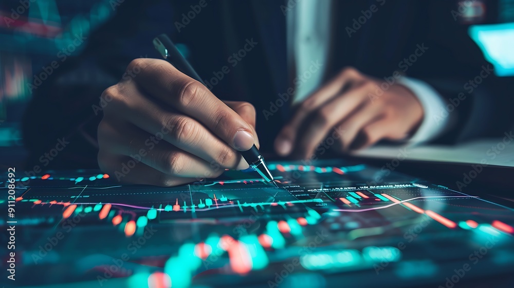 Poster close-up of a hand analyzing data on a digital tablet