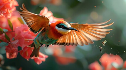 A bird is flying over a flower with a red center