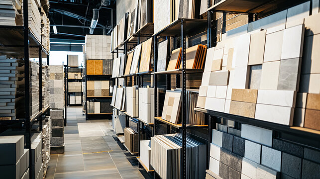 a warehouse-style tile showroom, featuring an extensive selection of tiles for bathrooms and kitchens