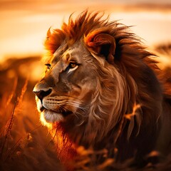 Naklejka premium double-exposure-effect-of-a-lion-in-the-african-savanna-at-sunset