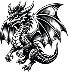 A monochrome style classic highly detailed dragon flying  vector illustration silhouette monochrome style