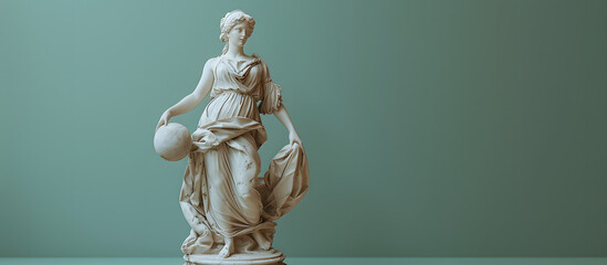 An elegant image of a classical-style sculpture of a female basketball player. The statue, carved from smooth white marble, captures the athlete in a poised stance