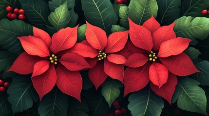 Vibrant red poinsettia flowers with green leaves, perfect for holiday decorations and seasonal designs.
