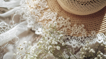 A straw hat and white flowers on a white lace fabric evoke a sense of summery elegance and romance. 
