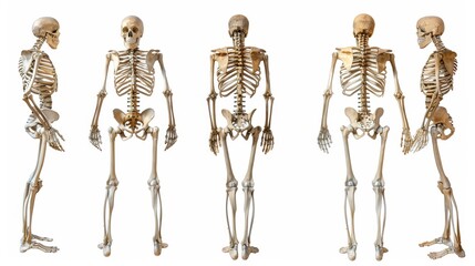 Five different views of a human skeleton standing, showing front, back and side views