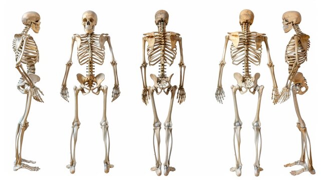 Five different views of a human skeleton standing, showing front, back and side views
