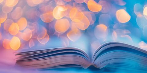 Open book with warm yellow and cool blue bokeh lights, evoking a magical and dreamy atmosphere for holidays and special events. 
