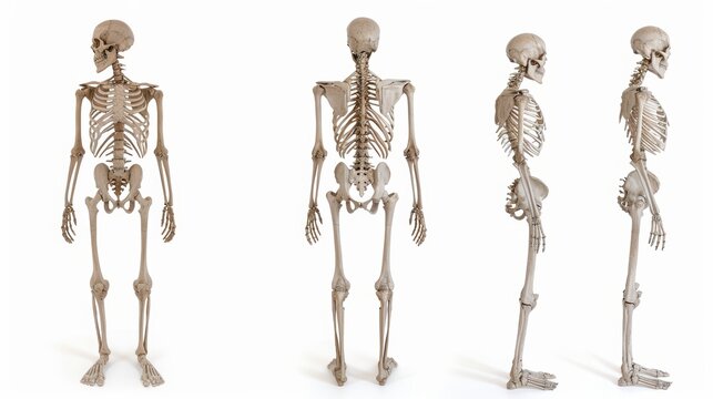 Three different poses of a human skeleton model highlight the complex structure of the human body