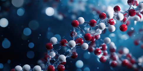 A detailed depiction of a DNA helix structure composed of white and red molecules, set against a blue background, representing the complexities of genetic science.