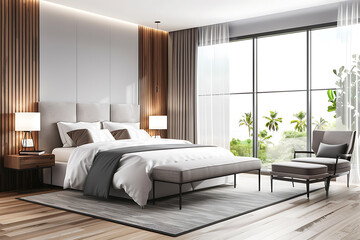 **Modern Minimalist Bedroom Interior Design with White and Brown Tones** - **Luxurious and Tranquil Bedroom for Relaxation and Comfort** 
