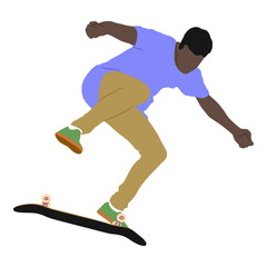 Dynamic silhouette of skateboarder performing mid-air trick. Іmage of skate flip trick. Colored vector illustration of silhouette. Fluid motion and athletic skateboarding skill