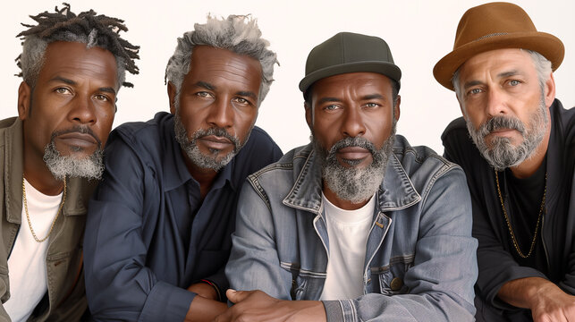 diverse middle-aged men in a casual yet composed demeanor, with different styles of facial hair and relaxed, modern attire