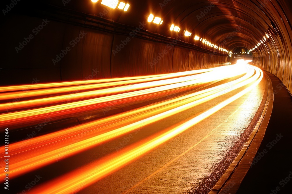 Poster red light trails zooming through a tunnel, creating a dramatic sense of speed and motion. the tunnel