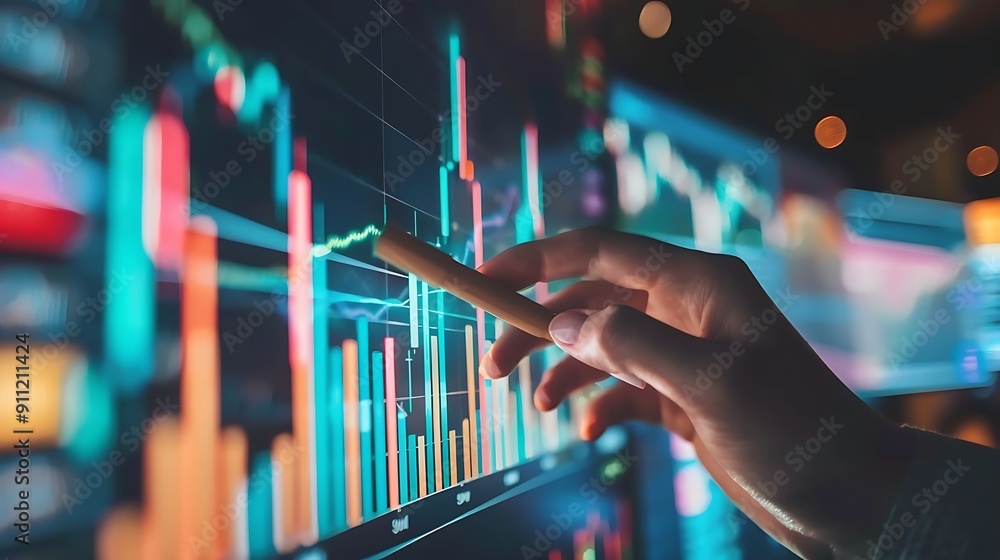 Aufkleber hand pointing at a stock market chart on a computer screen