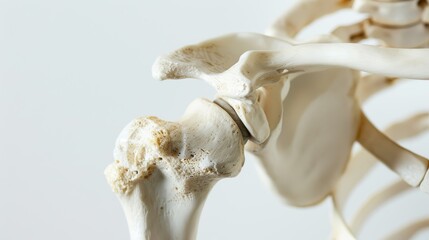 Fototapeta premium Close up of a human shoulder joint showing the scapula, clavicle, and humerus bones on a white background