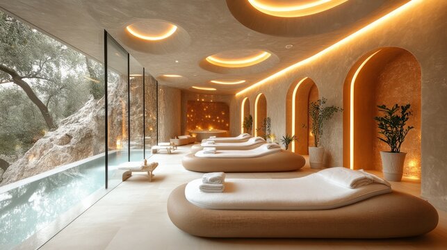 Panoramic 8k view of a high-end spa offering exclusive wellness treatments and therapies, emphasizing relaxation and premium service.
